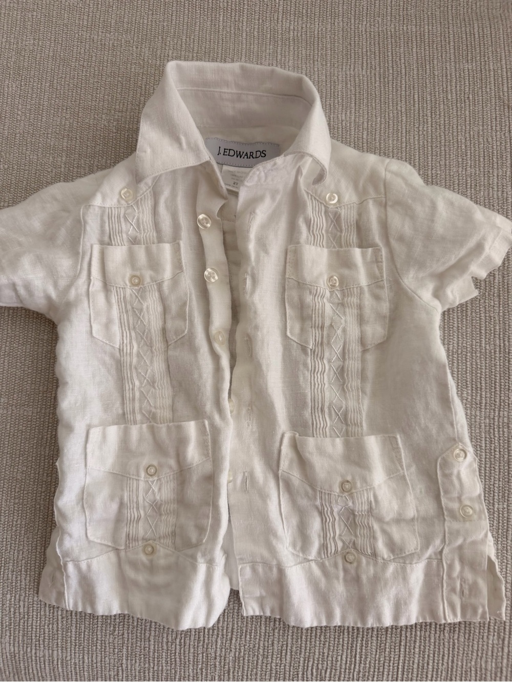 White Linen Guayabera Short-Sleeve Button Shirt for Kids 2T